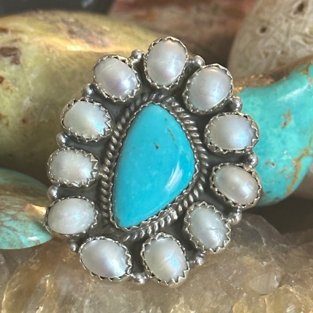 Turquoise Pearl Statement Adjustable Sterling Sil… - image 1